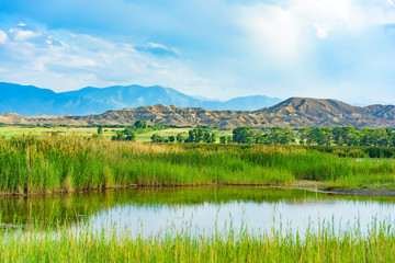 Lake with mountains in the background. Rest in Kyrgyzstan. Nature in the area of lake Issyk Kul.