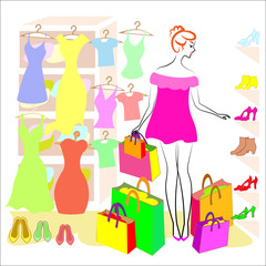 Fototapeta na wymiar Profile of a sweet lady. The girl is engaged in shopping. In the store he buys clothes and shoes, dresses, T-shirts, shoes boots. The girl has full shopping bags. Vector illustration