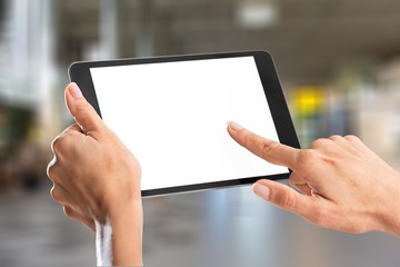 Human hands Holding digital tablet with blank screen isolated on white