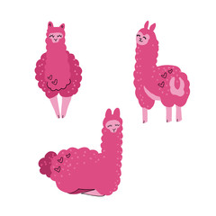 Cute llama set for design. Tree alpacas. Childish print for t-shirt, apparel, cards and nursery decoration. Vector Illustration in flat hand drawn style on white background. Front, back, side views.