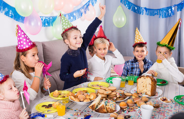 Satisfied group children having party friend’s birthday