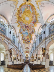 Fototapeta na wymiar Panorama of interior of St. Peter's Church (Alter Peter) in Munich, Germany. This is the oldest church in the city. The present Late Baroque interior was created in the 18th century.