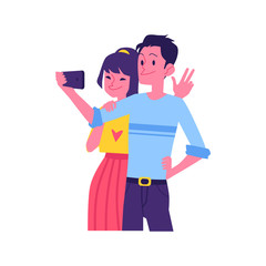 Vector flat happy couple selfie in phone screen
