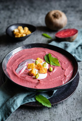 Creamy beetroot soup with sour cream and crispy baked tofu