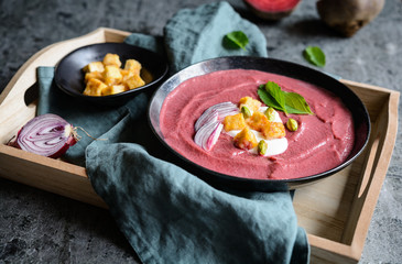 Creamy beetroot soup with sour cream and crispy baked tofu