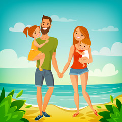 Vector illustration with happy family with babies and ocean 