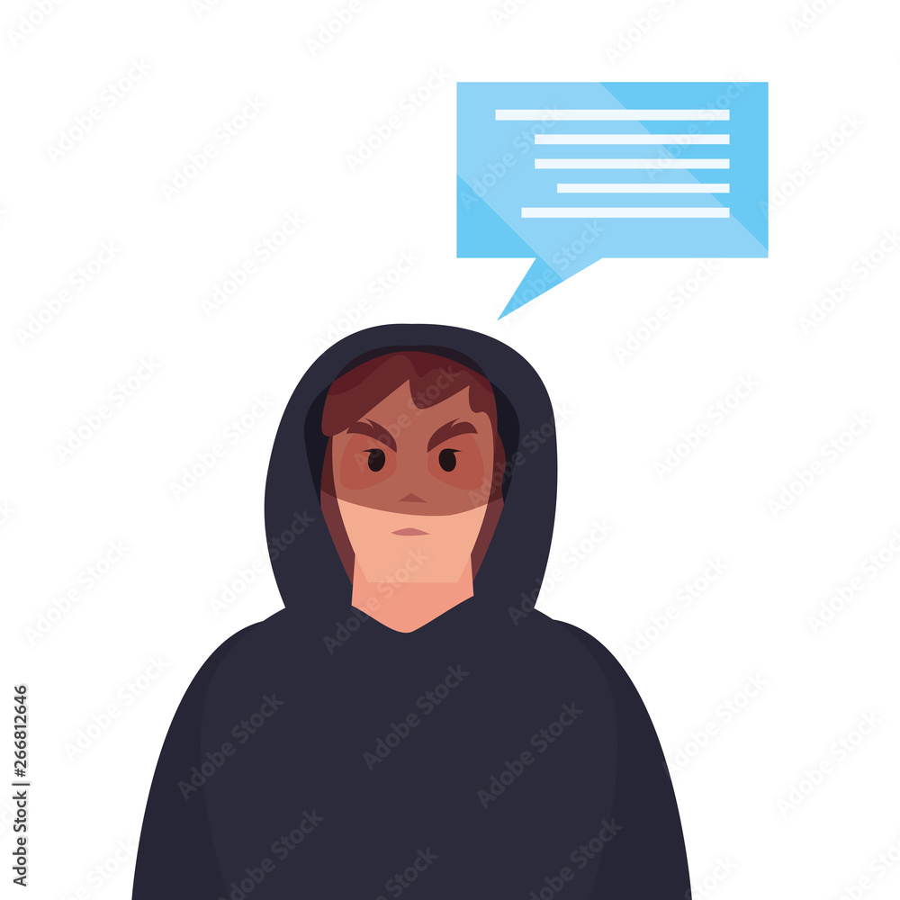 Poster hacker man character speech bubble