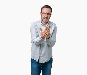 Handsome middle age elegant senior man wearing glasses over isolated background Suffering pain on...