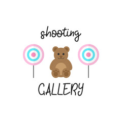 Cute shooting gallery vector graphic illustration with writing. Classic targets and teddy bear, win price. Isolated.