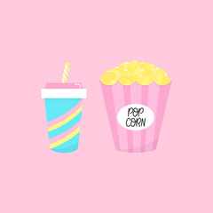 Set of cinema fast food, snacks. Popcorn in pink paper box, soda drink in blue paper cup with stripes and straw. Vector graphic illustration icon set. Isolated on light pink background.
