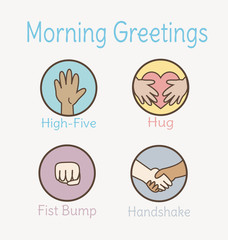 School morning greetings for teacher and students. High five, hug, fist bump and handshake vector.