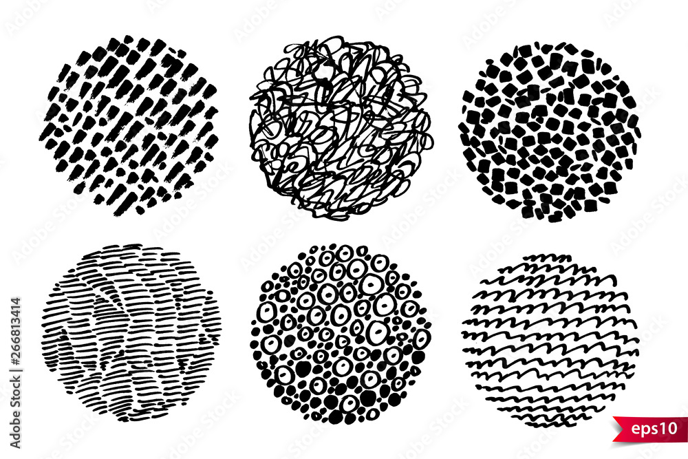 Poster set of hand drawn scribble spots in circle shapes isolated on white. doodle style sketches. monochro