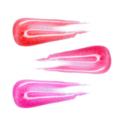 Set of different colors lip glosses smear isolated on white. Smudged makeup product sample