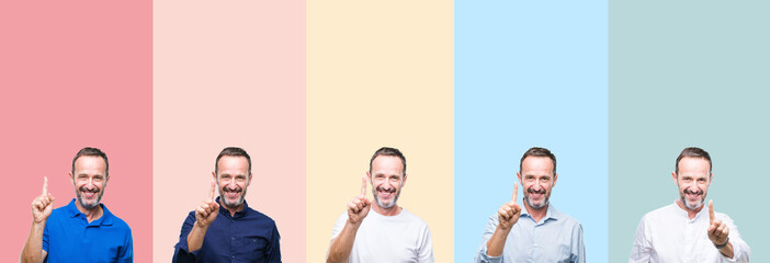 Fototapeta premium Collage of senior hoary handsome man over colorful stripes isolated background showing and pointing up with finger number one while smiling confident and happy.