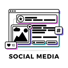Vector illustration of a social media communication concept. The word social media with colorful cross-platform browser windows.