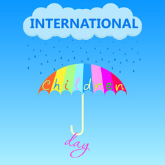 A multi-colored umbrella saves from unclear weather on the holiday of Childrens Day on the first of June. Vector illustration