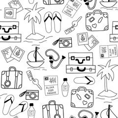 Summer holiday icons seamless vector background monochrome