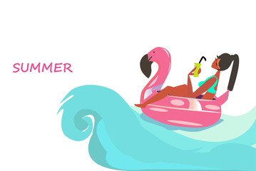 Vector of a woman swimming with pink flamingo pool float and sunbathing.