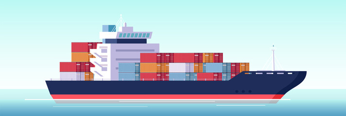 Vector of cargo ship container in the ocean. - obrazy, fototapety, plakaty