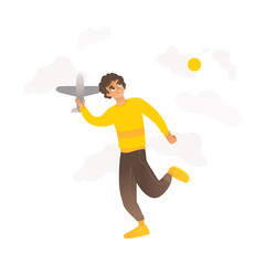 A boy or teenager plays with a toy plane in cartoon flat style on a background of sky and sun.