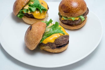 Hamburger sandwich with cheese, vegetables and sausage