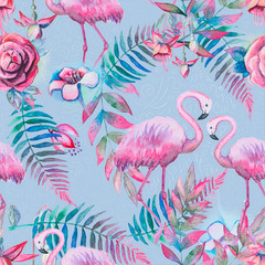Fototapeta premium Exotic composition of tropical birds pink flamingo. Jungle beach seamless pattern wallpaper with leaves and flowers background