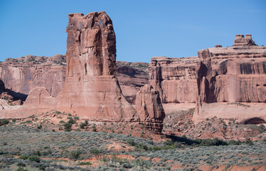 Natural red rock spires and cliffs are magnificent in Arches National Park, Moab, Utah, USA