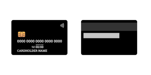 Bank plastic credit or debit contactless smart charge card front and back sides with EMV chip and magnetic stripe. Blank design template mockup. Vector black illustration