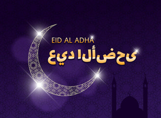 Mubarak Eid al adha cover with moon and mosque. Geometric muslim ornament backdrop in islamic style with arabic calligraphy. Vector template design element illustration