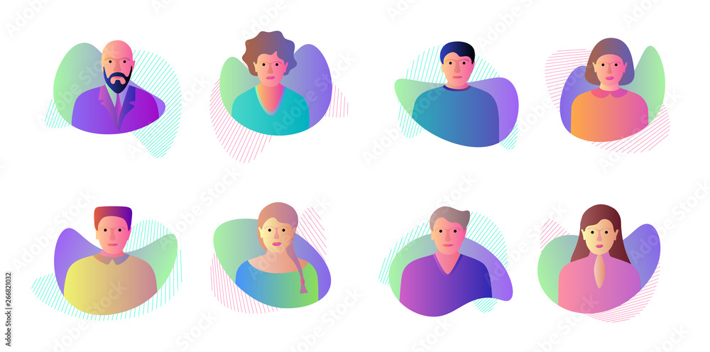 Poster man woman avatar set on dynamic modern liquid element graphic gradient flat style design fluid vecto