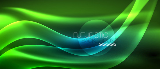 Glowing abstract wave on dark, shiny motion, magic space light. Techno abstract background
