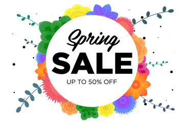 Spring sale offer promotion banner with beautiful colorful flower. Special discounts mockup. Poster for promotions, magazines, advertising, web sites. Vector greeting illustration template