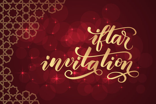 Ramadan greeting card on red background. Iftar invitation modern brush calligraphy. Vector illustration.