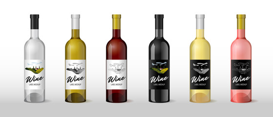 Wine realistic 3D bottle with hand-drawn label retro vintage design template set. Alcohol industry vineyard wine grapes hills farm emblem. Monochrome romantic rural landscape