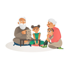 Grandparents playing games with grandchildren flat cartoon vector illustration.