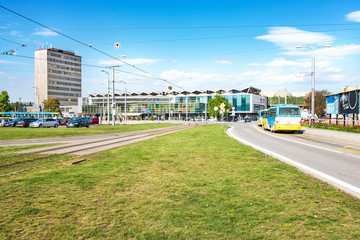 Parking lot, tram stop and bus stop in front of Main railway station in Kosice (Slovakia)