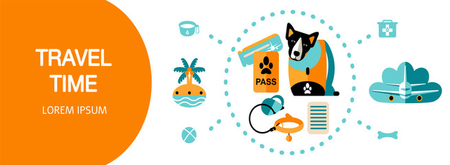 Flat style icons of traveling with a pet, planning a summer vacation, tourism and journey objects. Design template card with elements of trip and text. Vector illustration.