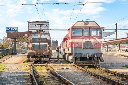 Two old locomotive parked Main railway station in Kosice (Slovakia)