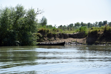 Obraz premium Old wooden boat on river bank. Landscape of Danube Delta. Danube distributary channel. Romania.