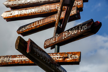 Pillar with direction to different capitals of the world. Distances from the Azores