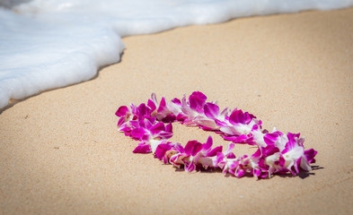 Orchid Lei on a Maui beach with soft surf