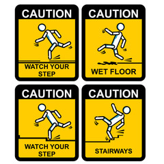 Plakat set of road signs, WET FLOOR, WATCH YOUR STEP, WATCH YOUR STEP STAIRWAYS