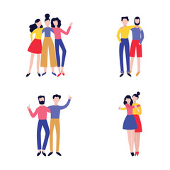 Vector illustration set of various groups of best friends hugging.