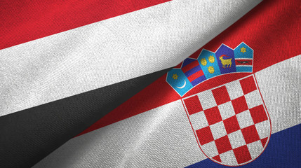 Fototapeta premium Yemen and Croatia two flags textile cloth, fabric texture