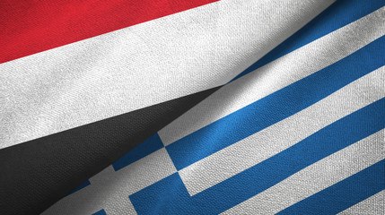 Yemen and Greece two flags textile cloth, fabric texture