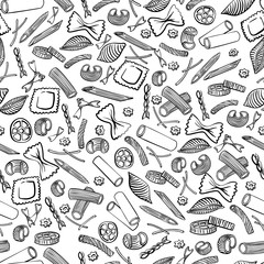 seamless pattern with italian macaroni of different kinds. Black hand draw on white background