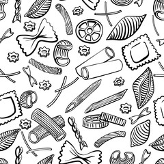 seamless pattern with italian macaroni of different kinds. Black hand draw on white background