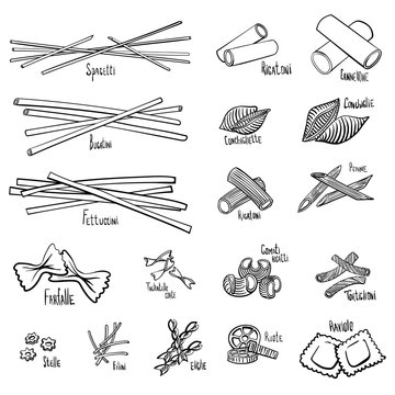 A set of different types of pasta in black and white hand-drawing lines