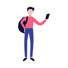 Young man with backpack and smartphone looking for phone signal connection