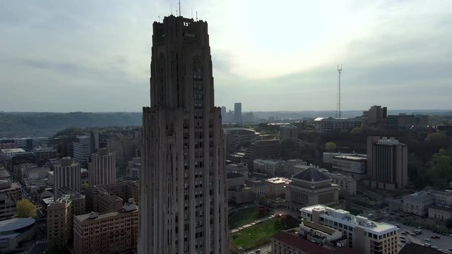 Aerial view of Cathedral of learning, a Pittsburgh landmark and national historic site, a monumental building with it's tower dominating the city skyline